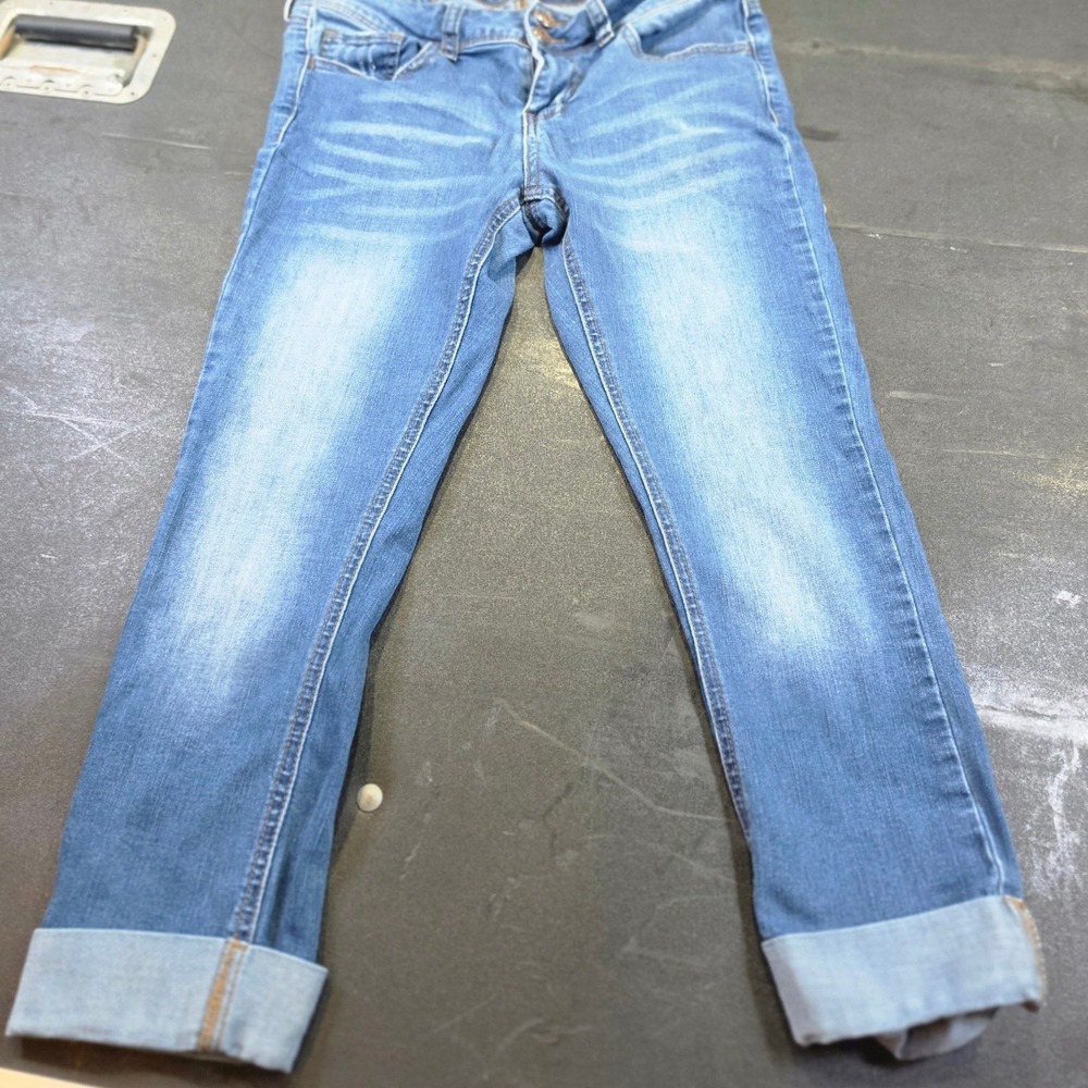 SO Womens Skinny Jeans Size 3 Medium Wash Double Button Cuffed Denim